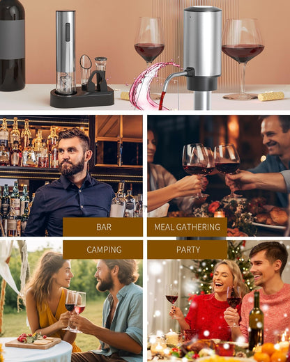 CIRCLE JOY Electric Wine Opener Stainless Steel Rechargeable Automatic Wine Bottle Opener Set 7-in-1 Wine Gifts for Wine Lovers with Charging Base, Foil Cutter, Wine Aerator Pourer & 2 Vacuum Stoppers