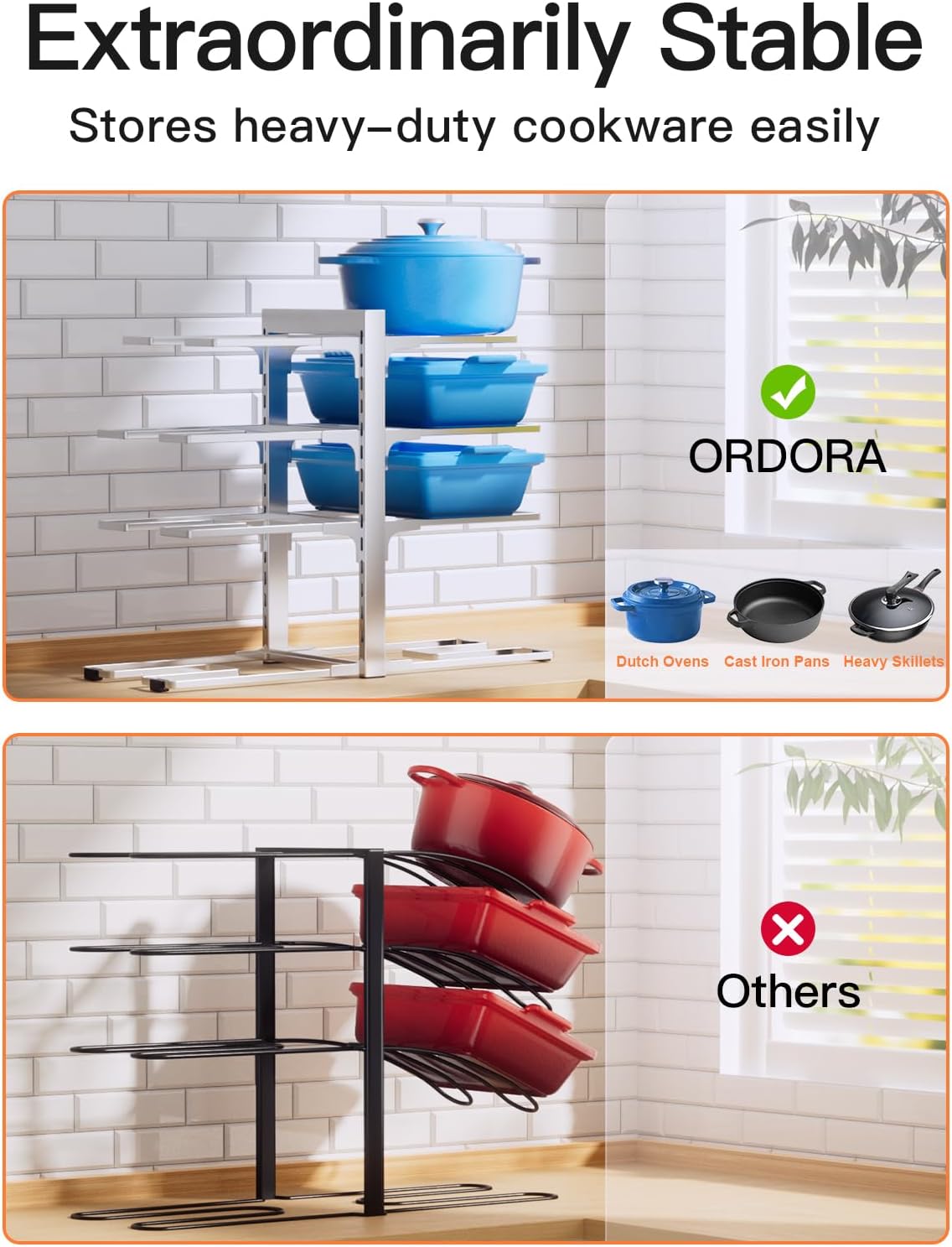 ORDORA Pots and Pans Organizer for Cabinet 16.61 Height, 8 Tier Pot Organizers Rack with 3 DIY Methods, Adjustable Pan Organizer under Cabinet Kitchen Organization and Storage