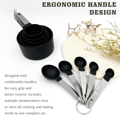 Black Measuring Cups & Spoons Set, Stackable Nesting Measuring Cups with Stainless Steel Handles, 10-Piece Kitchen Baking Tools ﻿