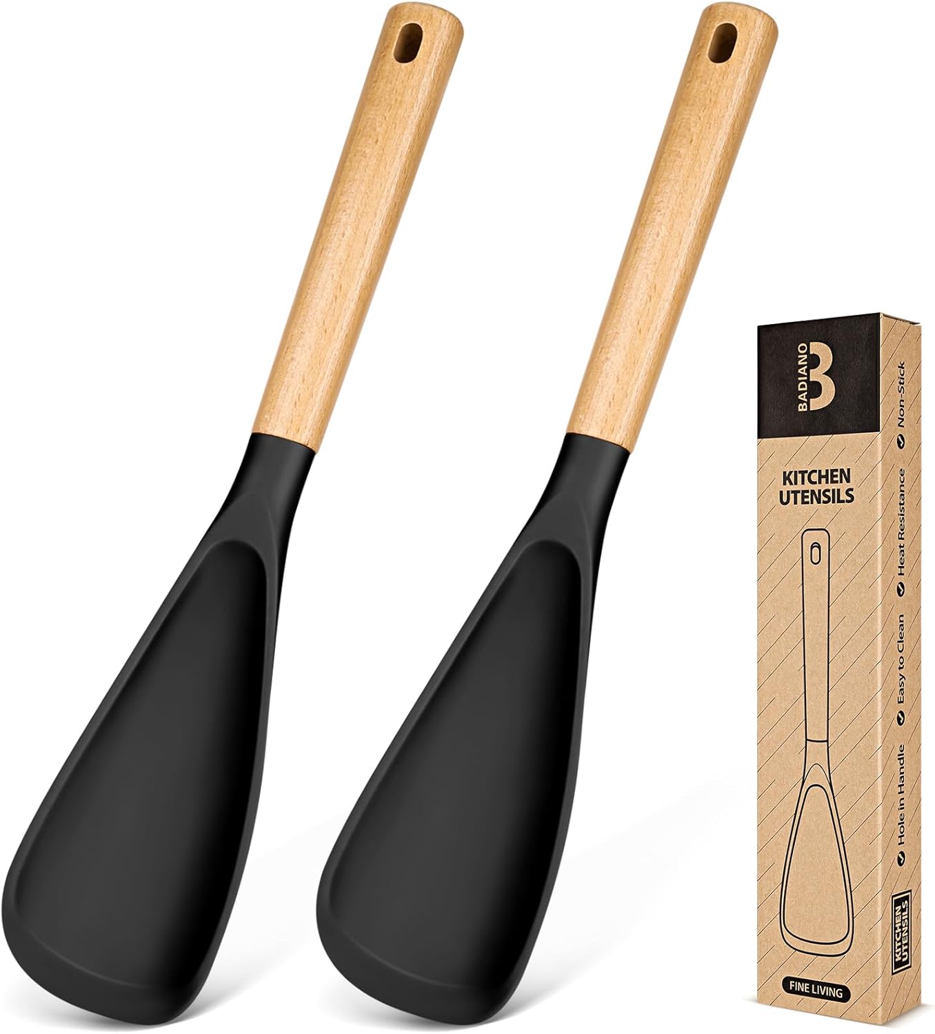 Cooking Spoon for Nonstick Cookwares, Great for Cooking and Serving Sturdy BPA-Free Matte Silicone, Wood Handle Spoon for Mixing, Scoop, and Scrape (Black & Grey, 11.4 inch)