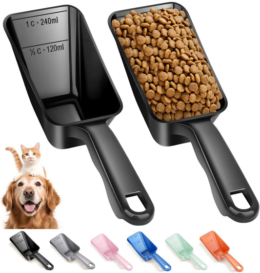 2-Pack Dog Food Scoop 1 Cup, Plastic Pet Food Measuring Scoop With Measuring Lines (1/2 & 1 Cup Markings) for Dogs, Cats, Fish, Bird（Grey)