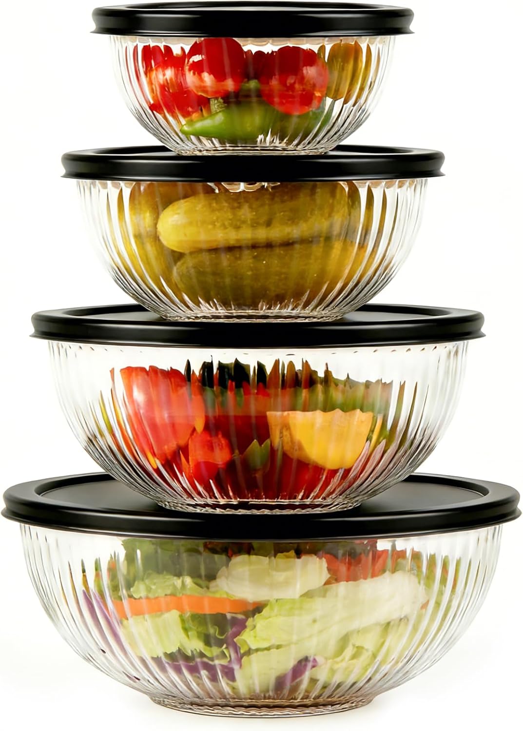 Glass Mixing Bowls with Lids Set(3.7QT,2.1QT, 1.1QT, 0.5QT), Nesting Space Saving Set of Bowls for Kitchen Cooking, Baking, Prepping, Dishwasher Safe Salad Bowls (Black)