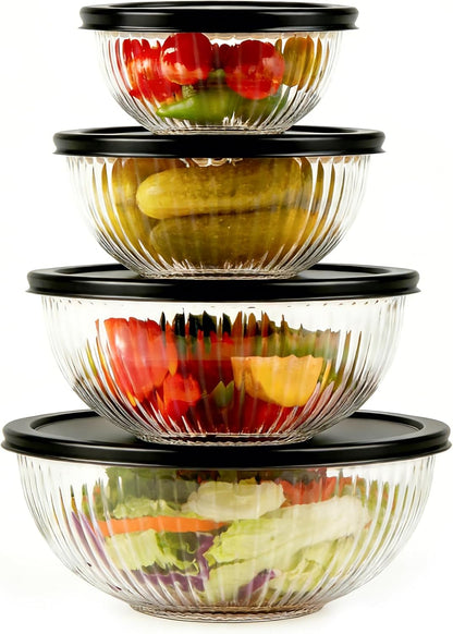 Glass Mixing Bowls with Lids Set(3.7QT,2.1QT, 1.1QT, 0.5QT), Nesting Space Saving Set of Bowls for Kitchen Cooking, Baking, Prepping, Dishwasher Safe Salad Bowls (Black)