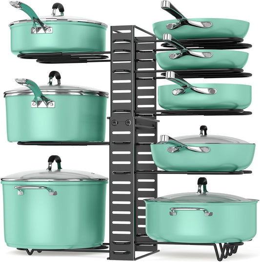 ORDORA Pots and Pans Organizer for Cabinet 16.61 Height, 8 Tier Pot Organizers Rack with 3 DIY Methods, Adjustable Pan Organizer under Cabinet Kitchen Organization and Storage