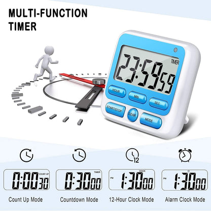 KTKUDY Digital Kitchen Timer with Mute/Loud Alarm Switch ON/Off Switch, 12-Hour Clock & Alarm, Memory Function Count Up & Count Down for Kids Teachers Cooking, Large LCD Display, Strong Magnet (Black)