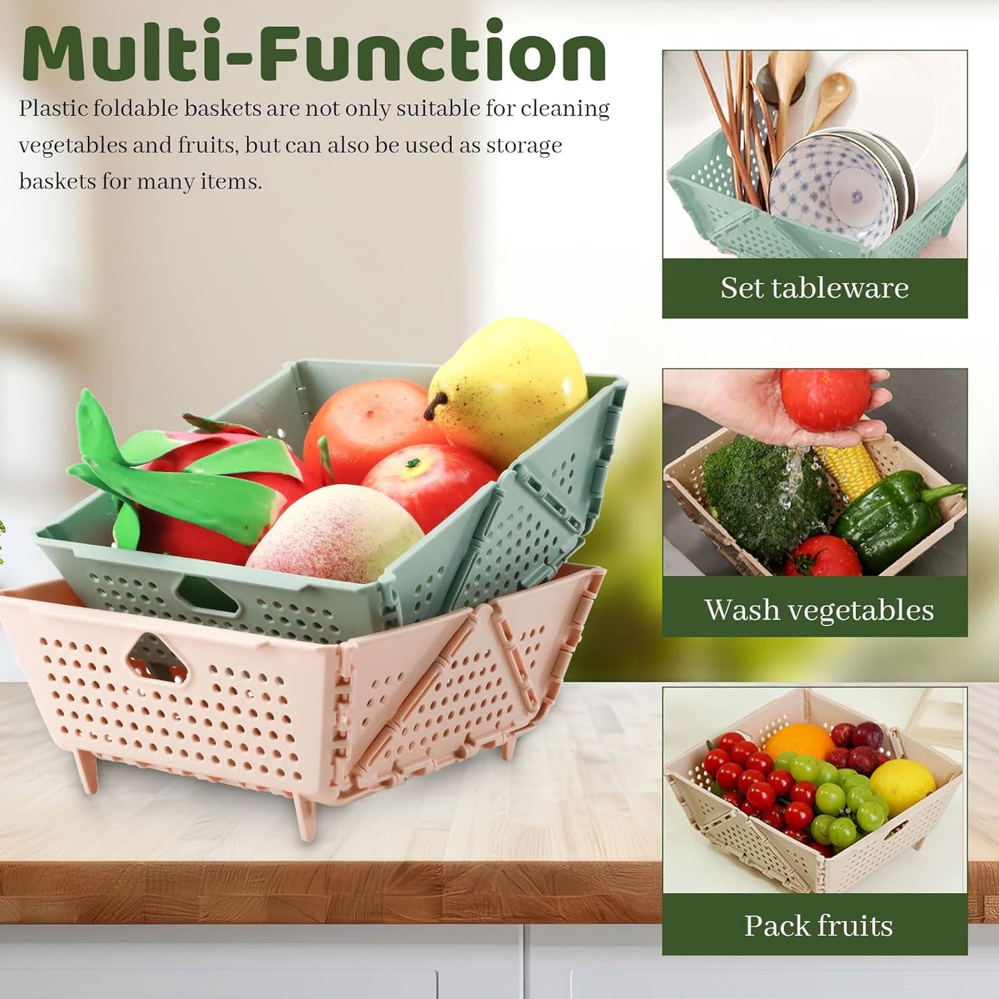 Plastic Collapsible Strainers and Colanders, Foldable Food Strainer for Kitchen, Space-Saving Folding Drain Basket Bowl for Pasta Fruit Vegetables Drainage Storage Dishwasher (Apricot)