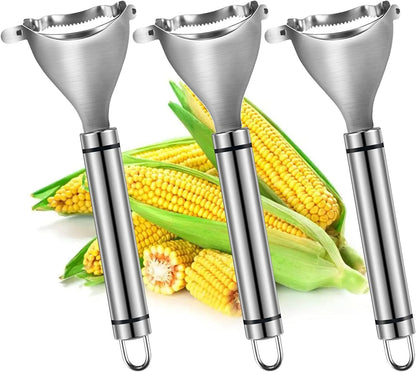 3Pcs Silver Magic Corn Cutter Peeler, corn peeler, Corn Stripper Cob Stripper Tool, Stainless Steel Corn Thresher, Corn Peeler with Ergonomic Handle, Graters, Peelers and Slicers