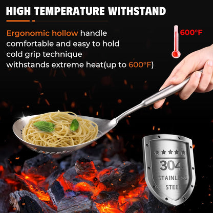 MARTE Skimmer Slotted Spoon Set of 4 - Kitchen Pasta Strainer Spoon - Spider Strainer Skimmer Ladle Spoon with Holder for Cooking and Frying Food, Spaghetti, Vegetable, Dumpling - 14.8In,16.5In,17In