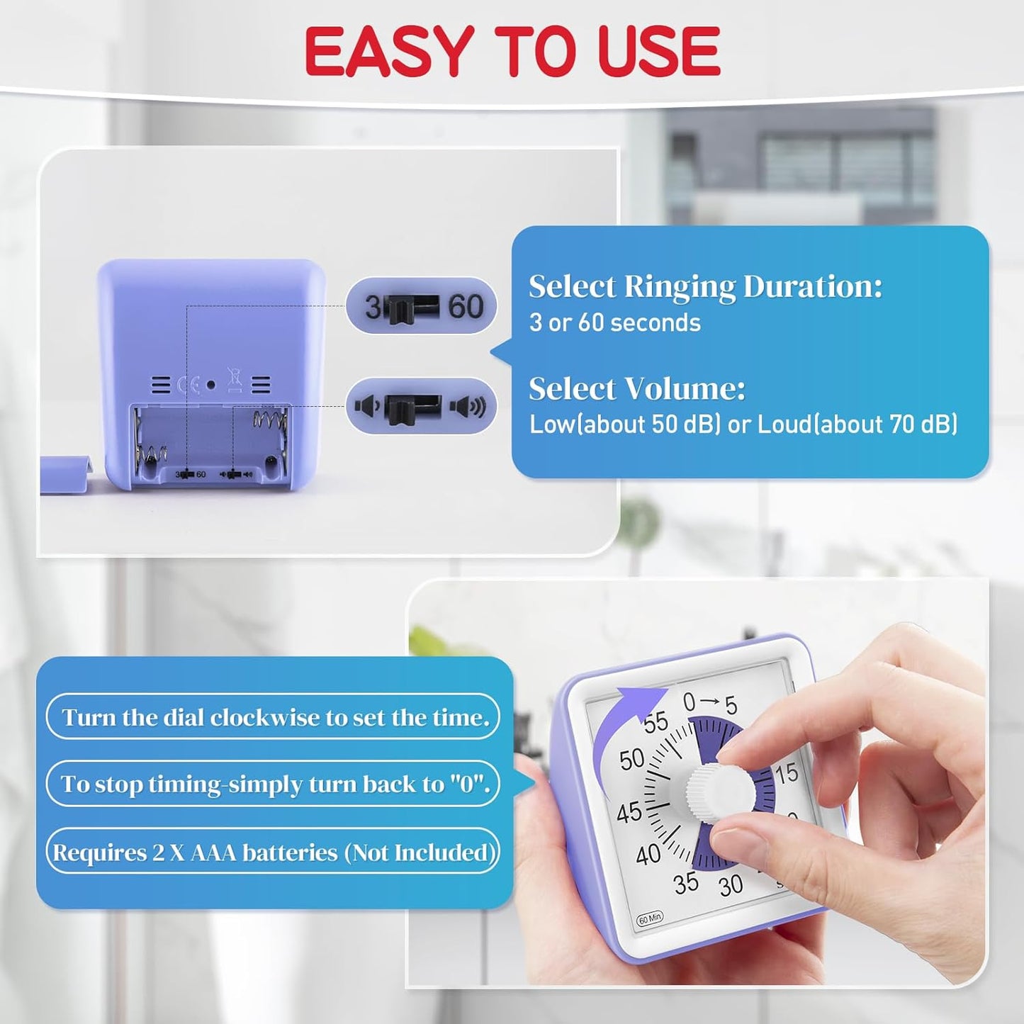 Secura 60-Minute Visual Timer, Classroom Timer, Countdown Timer for Kids and Adults, Time Management Tool for Teaching (Blue & Blue)