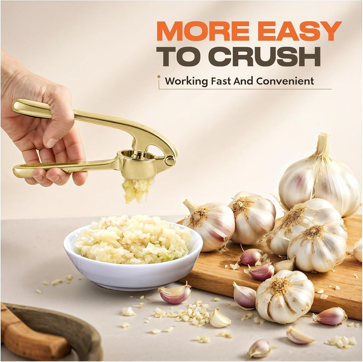 Kitchen Garlic Press, Rust Proof & Dishwasher Safe Garlic Mincer, Durable Garlic Crusher Set with Peeler＆Brush, Easy to Clean and Squeeze, Matte