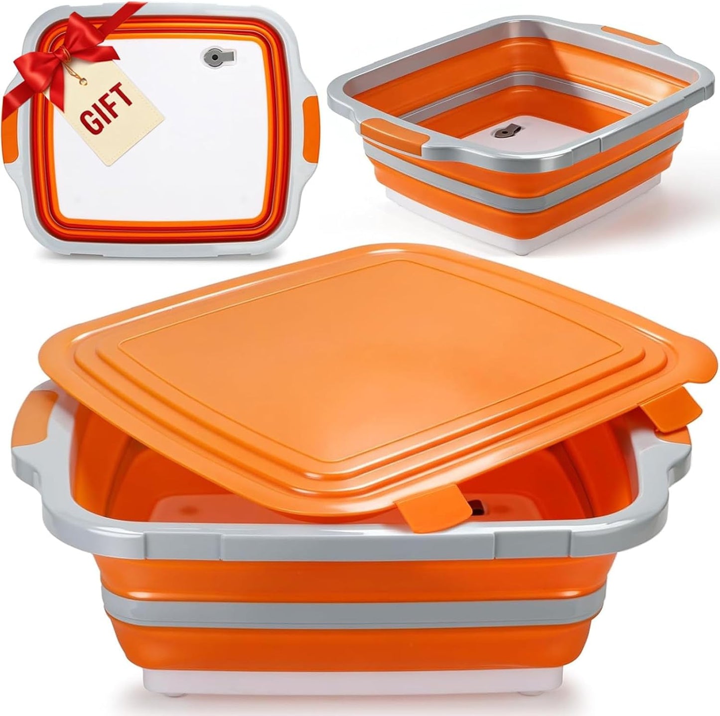 8L Collapsible BBQ Prep Tub with Locking Lid Cutting Board for Marinating Food Storage - Portable Wash Basin Colander for Kitchen Camping Sink - Foldable Bucket for Household Baking Picnic Tailgate