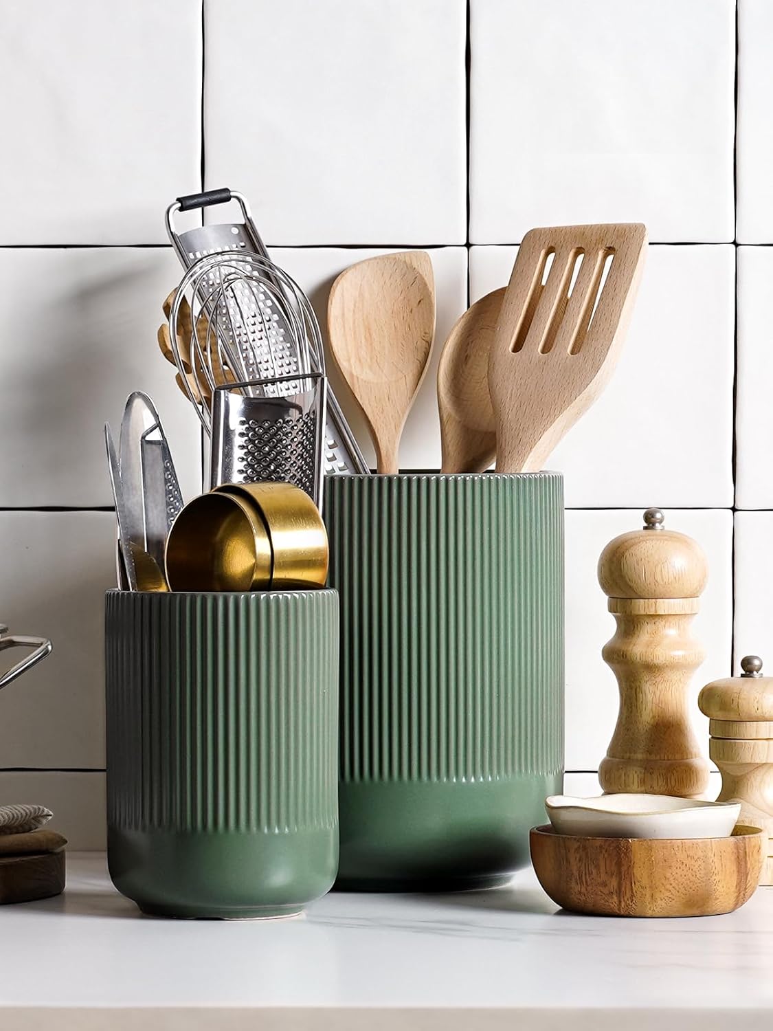 LE TAUCI Utensil Holder for Kitchen Counter, 7.3"+5.4" Fluted Ceramic Utensil Crock Organizer for Countertop, Heavy Large Holder for Spatulas, Spoons, Set of 2, White, Kitchen Counter Decor