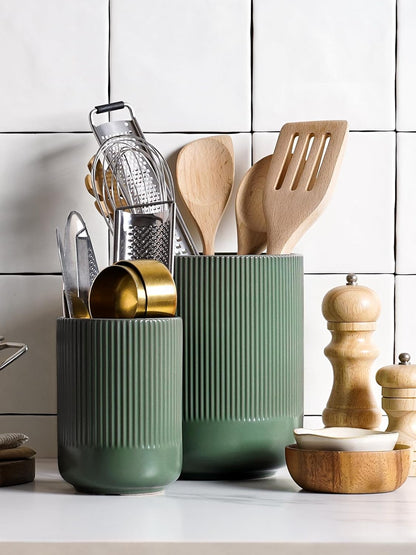 LE TAUCI Utensil Holder for Kitchen Counter, 7.3"+5.4" Fluted Ceramic Utensil Crock Organizer for Countertop, Heavy Large Holder for Spatulas, Spoons, Set of 2, White, Kitchen Counter Decor