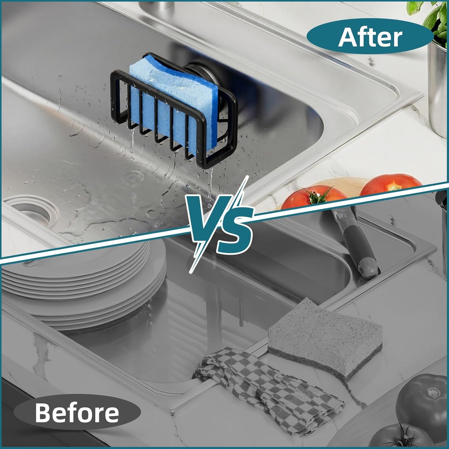 TAILI Sponge Holder for Kitchen Sink with Strong Suction Cup Removable, Rustproof Aluminum Sink Caddy for Sponge, Brush, Scrubber, Scraper -Silver