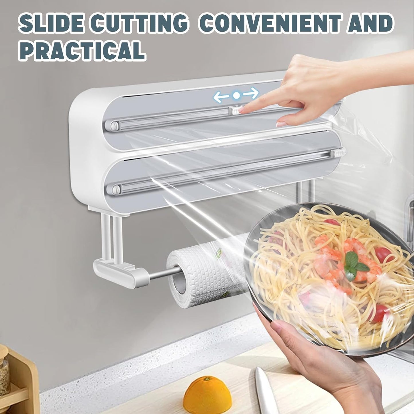 AUSTUFF 3 in 1 Plastic Wrap Dispenser with Cutter，Magnetic Aluminum Foil and Adhesive Film Organizer, Wall Mount Kitchen Wrap Organizer, Cling Wrap Dispenser with Paper Towel Holder and Cutter