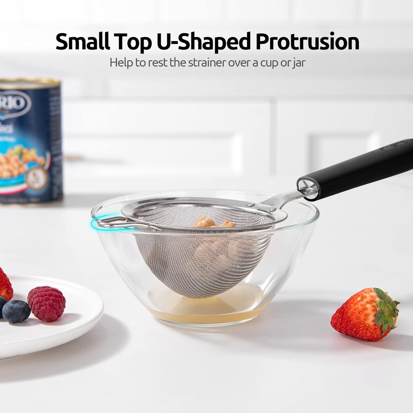 18/8 Stainless Steel Mesh Strainer: U-Taste 5.5 Inch Kitchen Fine Mesh Sieve Food Colander with Riveted Sturdy Silicone Handle and 30 Mesh Hole for Straining Flour, Pasta, Fruit, Quinoa(Aqua Sky)