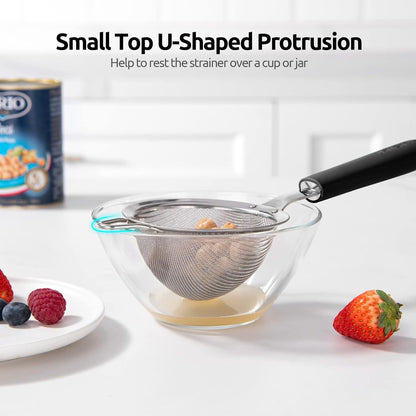 18/8 Stainless Steel Mesh Strainer: U-Taste 5.5 Inch Kitchen Fine Mesh Sieve Food Colander with Riveted Sturdy Silicone Handle and 30 Mesh Hole for Straining Flour, Pasta, Fruit, Quinoa(Aqua Sky)