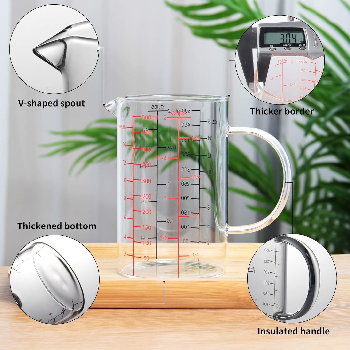 77L Glass Measuring Cup, [Insulated handle, V-Shaped Spout], High Borosilicate Glass Measuring Cup for Kitchen or Restaurant, Easy To Read, 500 ML (0.5 Liter, 2 Cup)