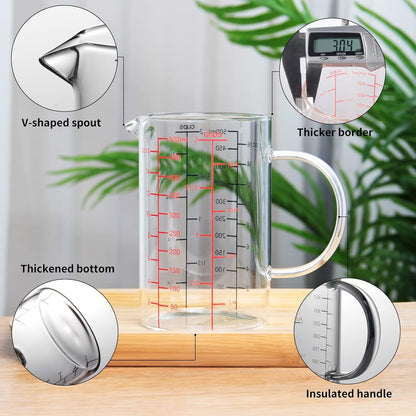77L Glass Measuring Cup, [Insulated handle, V-Shaped Spout], High Borosilicate Glass Measuring Cup for Kitchen or Restaurant, Easy To Read, 500 ML (0.5 Liter, 2 Cup)