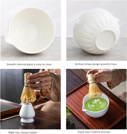 TANG PIN Matcha Set - Match Bowl and Whisk, 15 OZ, Matcha Scoop | Matcha Whisk Stand (Chasen Holder) - 4pc Perfect Matcha Kit for Matcha Tea Ceremony (Mottled Green)