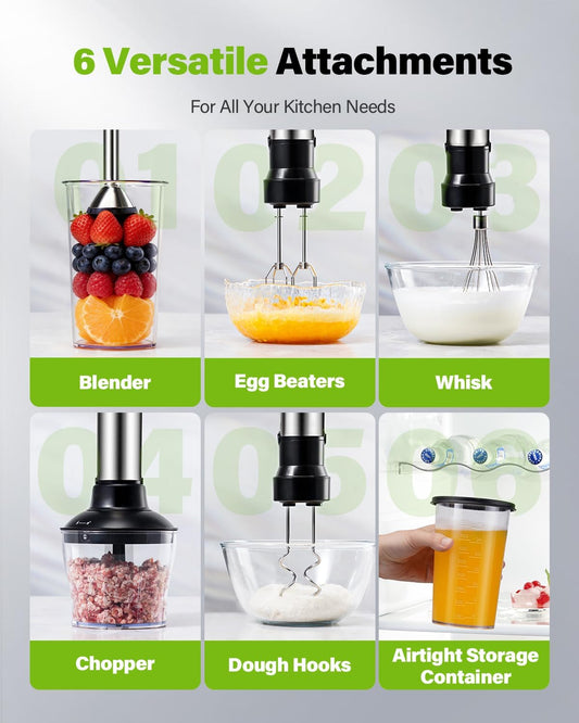 6-in-1 Immersion Blender, 1000W Hand Blender with 20 Speeds, Scratch-Resistant Stick Mixer with Whisk, Chopper, Beaker, Egg Beaters & Dough Hooks – Heavy Duty Hand Mixer, Black