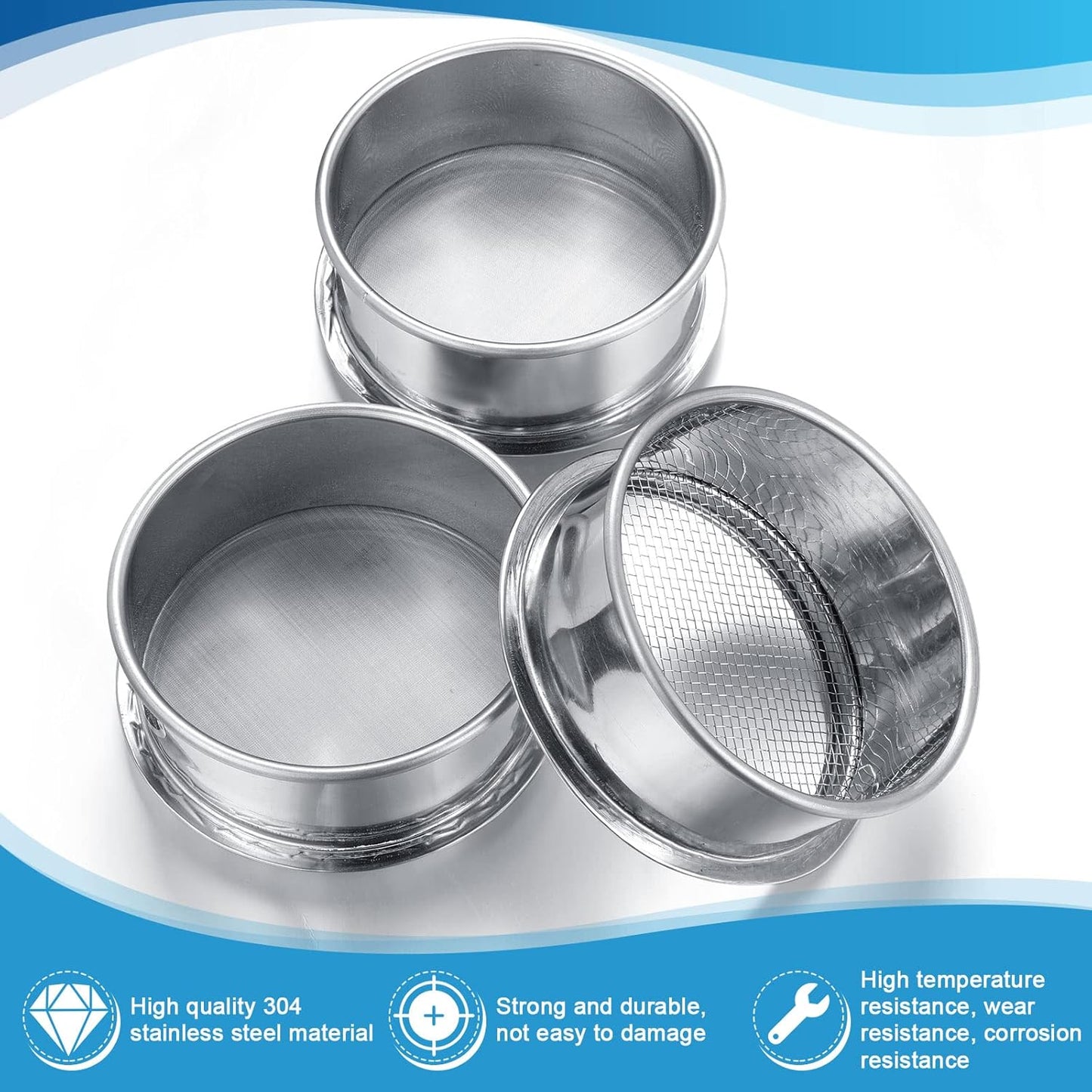 Meanplan 3 Pcs 304 Stainless Lab Sieves, 200, 80 and 10 Mesh (0.074, 0.18 and 2 Mm) Aperture Test Sieve, 4 Inch Diameter Economy Test Sieve with Labels for Industrial Laboratory