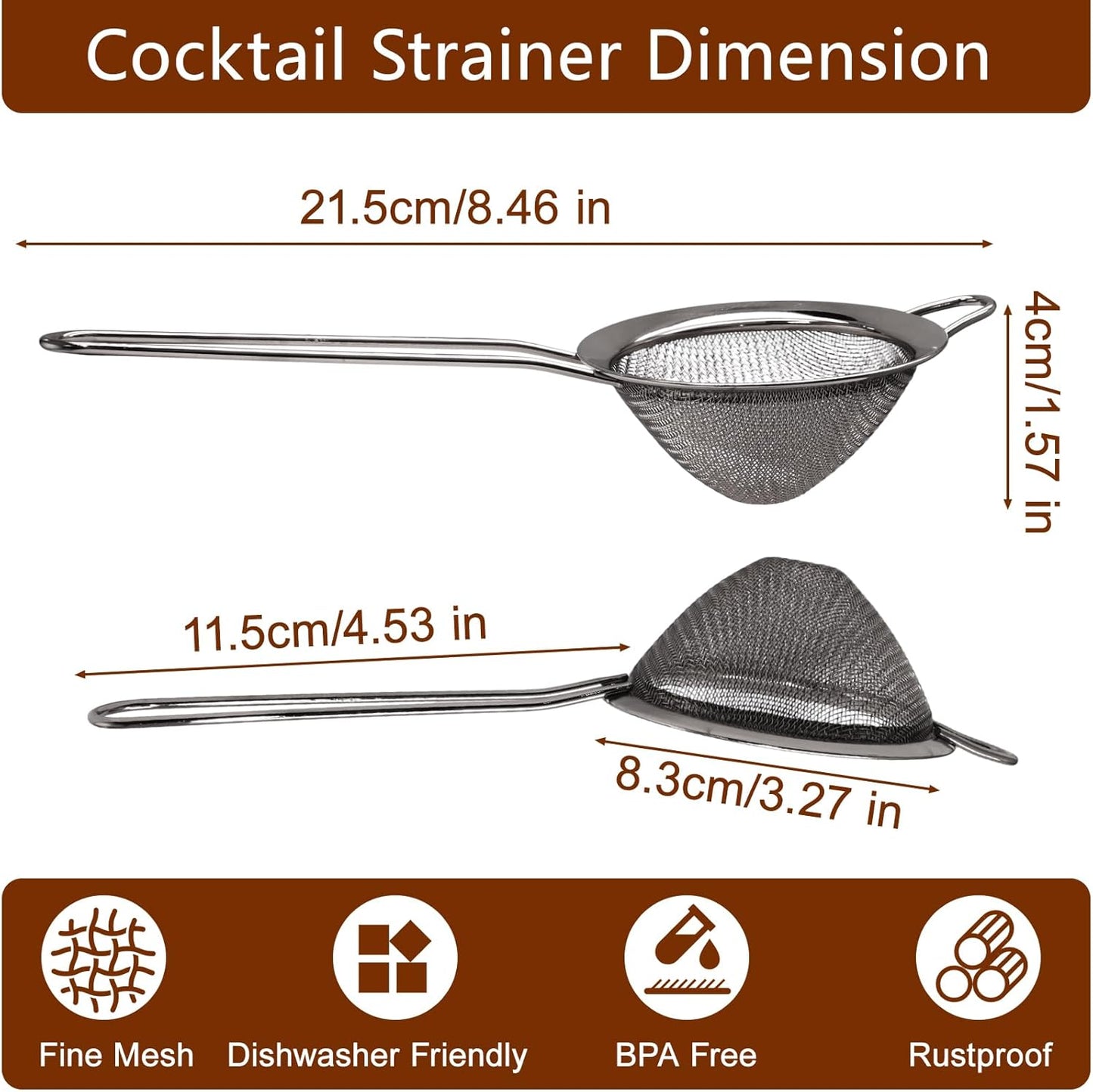 Small Fine Mesh Strainer, Stainless Steel Cocktail Sieve Mini Strainer for Cocktails, Tea, Herbs, Drinks and Coffee, Small Sifter with Handle (Gold)