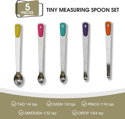 Mini Measuring Spoons Set, Tiny Stainless Steel Measure Teaspoons with Black Silicone Handle, Suitable for Small Amount of Dry or Liquid Ingredients and Spices (1/64, 1/32, 1/16, 1/8, 1/4 tsp)