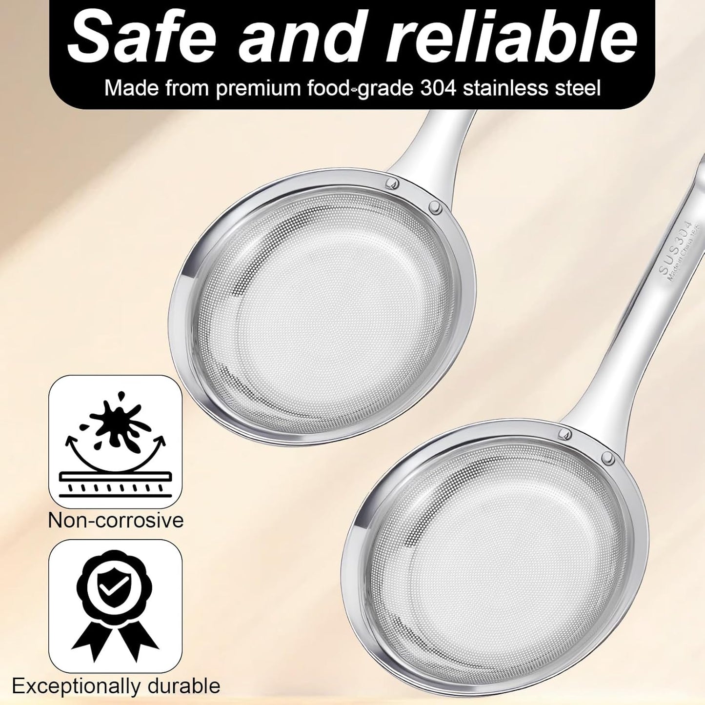 Stainless Steel Fine Mesh Skimmer Spoon, Fine Mesh Fat Skimmer Spoon, Colander Strainer, Oil Filter Food Strainer for Cooking Oil, Grease Foam, Food Vegetable Hot Pot (2 Pack, Large+small)