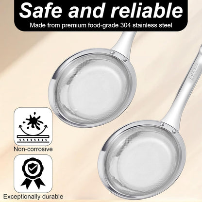 Stainless Steel Fine Mesh Skimmer Spoon, Fine Mesh Fat Skimmer Spoon, Colander Strainer, Oil Filter Food Strainer for Cooking Oil, Grease Foam, Food Vegetable Hot Pot (2 Pack, Large+small)