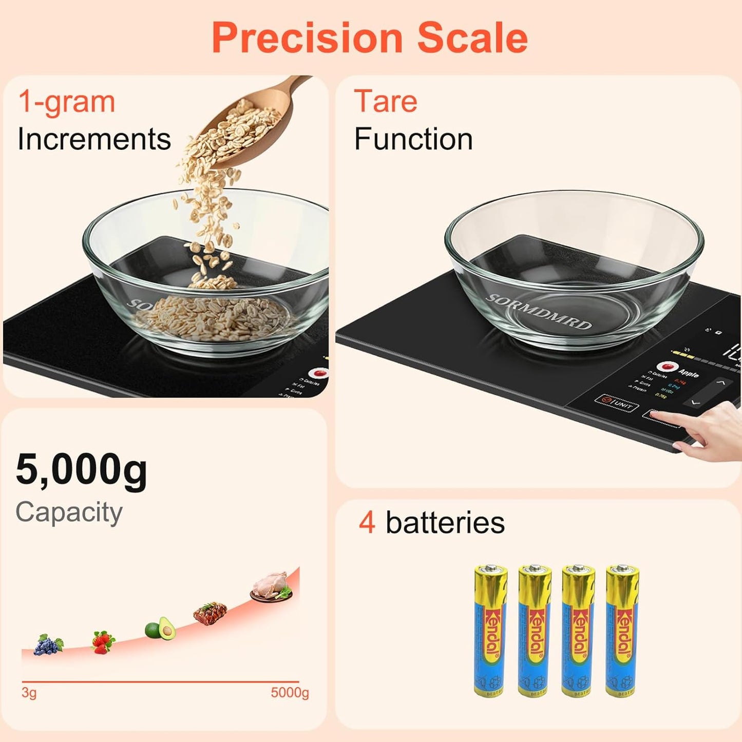 Smart Kitchen Food Scale with Nutritional Calculator, Calorie Fat Carbs Protein Tracker, Free App, Barcode Scan, Food Preload, 23 Nutrients, On-Screen Display, Personal Goals, 11 lb / 5 kg