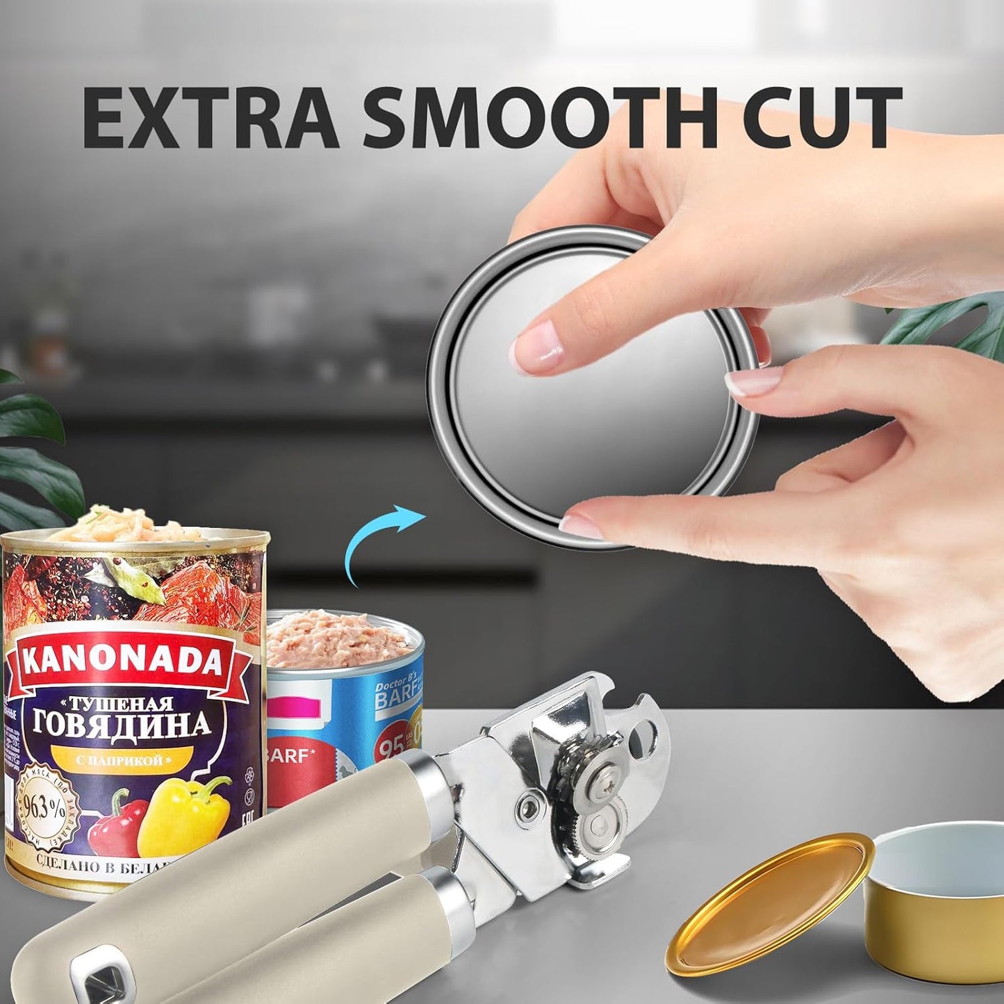Safring Can Opener Manual, Heavy Duty Handheld Strong Can Opener with Soft Touch Handle, Sharp Blade Smooth Edge, Can Openers with Multifunctional Bottle Opener, Black