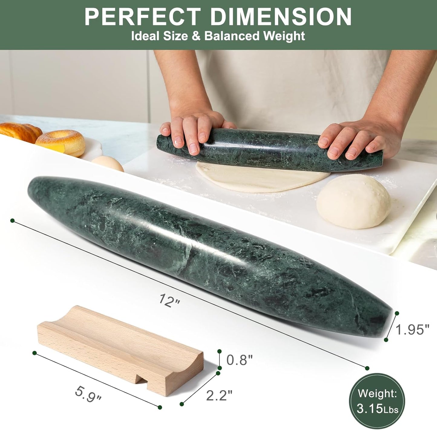 Marble French Rolling Pin for Baking, 12 Inch Non Stick Polished Rolling Pin for Dough, Heavy Dough Roller for Fondant Pizza Pie Crust Cookie Pastry Bread, Kitchen Baking (Indian Green)