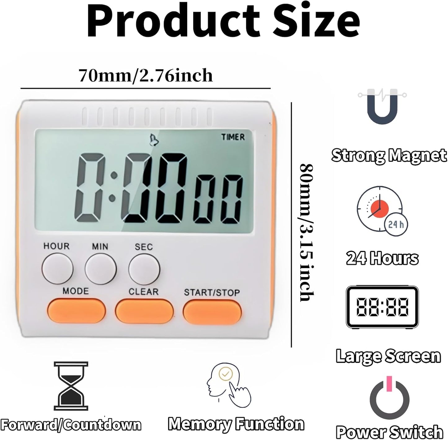 24 Hour Digital Timer Magnetic Kitchen Timer with Clip Large Screen Alarm Clock Refrigerator Magnet for Small Cooking Hour Timers and Home Use Perfect for Fridge and Stove (Orange)