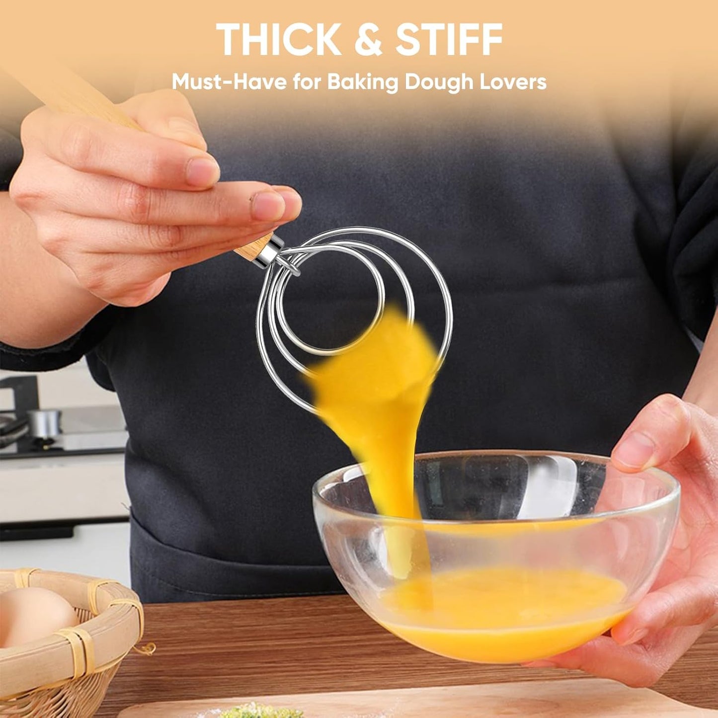 Maxjoy Danish Dough Whisk Wooden Dutch Bread Mixer with Stainless Steel Hook for Sourdough Baking Hand Tool