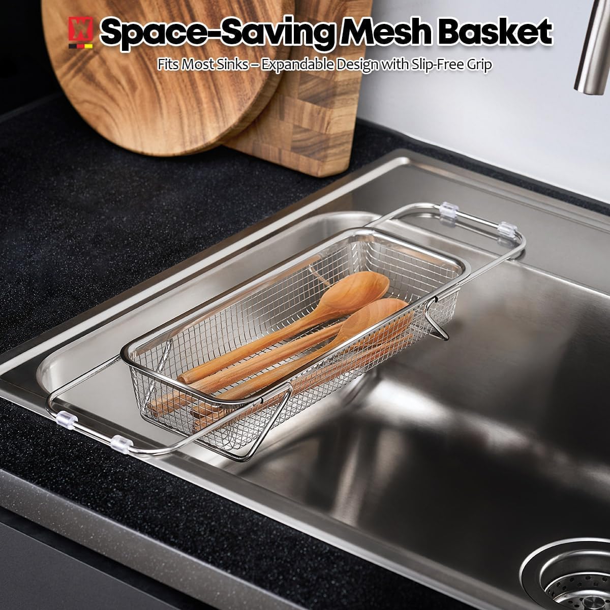 WAGENSTEIGER Extendable Dish Rack with Feet, Vegetable Colander Basket, Stainless Steel Dish or Silverware Drying Rack, Ultimate Kitchen Organizer Over the Sink (12.40 x 5.12 x 2.36 Inches)