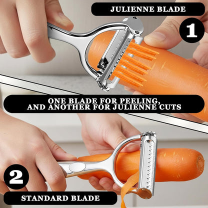 Vegetable Peeler Grater 2-in-1 Double-Sided Blade Fruit Slicer Julienne Cutter with Handle Multifunction Peeler for Kitchen Carrot Cucumber Potato Veggie Cooking Tools, Zinc Alloy