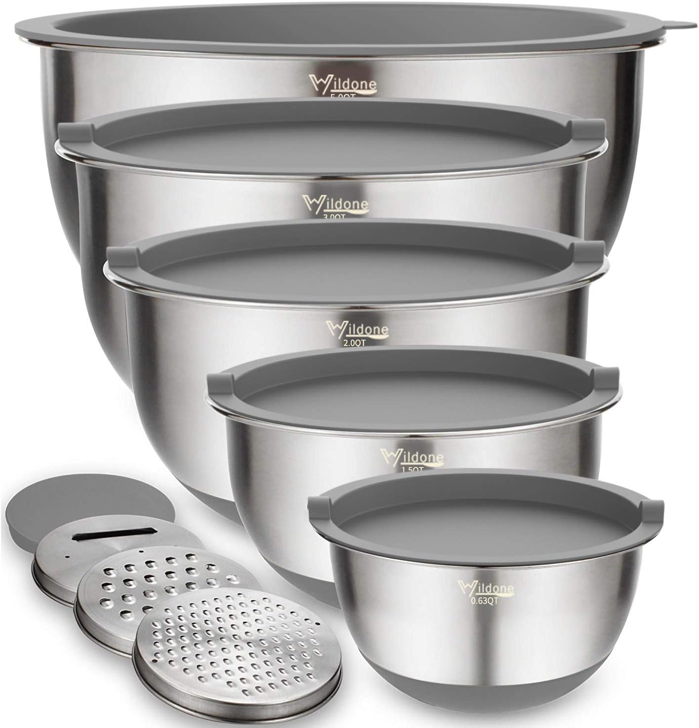 Wildone Mixing Bowls with Airtight Lids Set, 5PCS Stainless Steel Khaki Nesting Bowls for Kitchen, with Grater Attachments & Non-Slip Bottoms, Size 5, 3, 2, 1.5, 0.63 QT, Great for Mixing & Serving