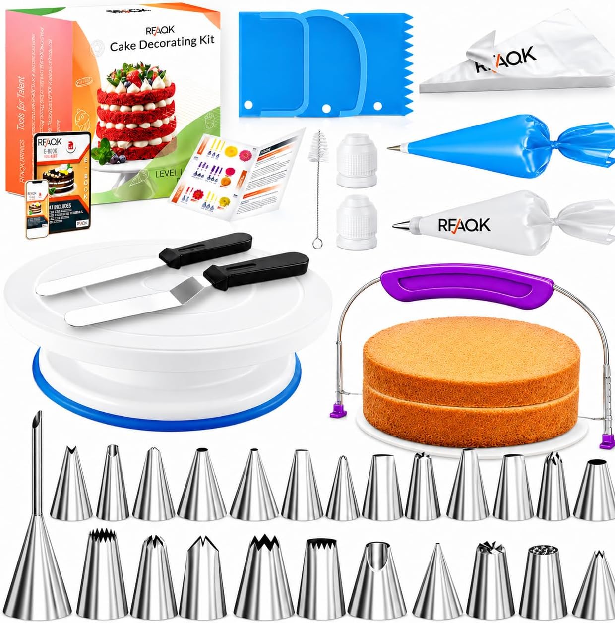 RFAQK 90PCs Cake Decorating Kit with Leveler, Baking Supplies Gift Includes Cake Stand Turntable, 24 Numbered Icing Tips, 55+1 Piping Bags, 2 Frosting Spatulas, 3 Scrappers, Video Course & Booklet