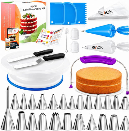 RFAQK 90PCs Cake Decorating Kit with Leveler, Baking Supplies Gift Includes Cake Stand Turntable, 24 Numbered Icing Tips, 55+1 Piping Bags, 2 Frosting Spatulas, 3 Scrappers, Video Course & Booklet