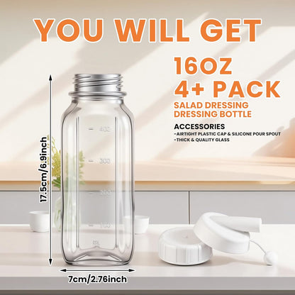 2 Pcs 16 oz Salad Dressing Shaker Glass Dispenser with Silicone Pour Spout and Tamper-proof Lid Refillable Salad Dressing Dispenser Mixer Shaker for Sauces Ketchup Sour Cream Syrup