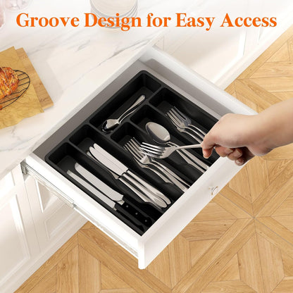 Lifewit Silverware Organizer with Lid, Covered Utensil Tray for Kitchen Drawer and Countertop, Plastic Cutlery and Flatware Storage Box for Spoons Forks Knives Holder Case, 12.6x11.8", Gray