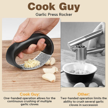 Cook Guy 304 Stainless Steel Garlic Press Rocker Set - Premium Garlic Mincer, Crusher, Peeler and Scraper Tool for Effortless Mincing - Comfortable Grip Garlic Grinder (Silver)