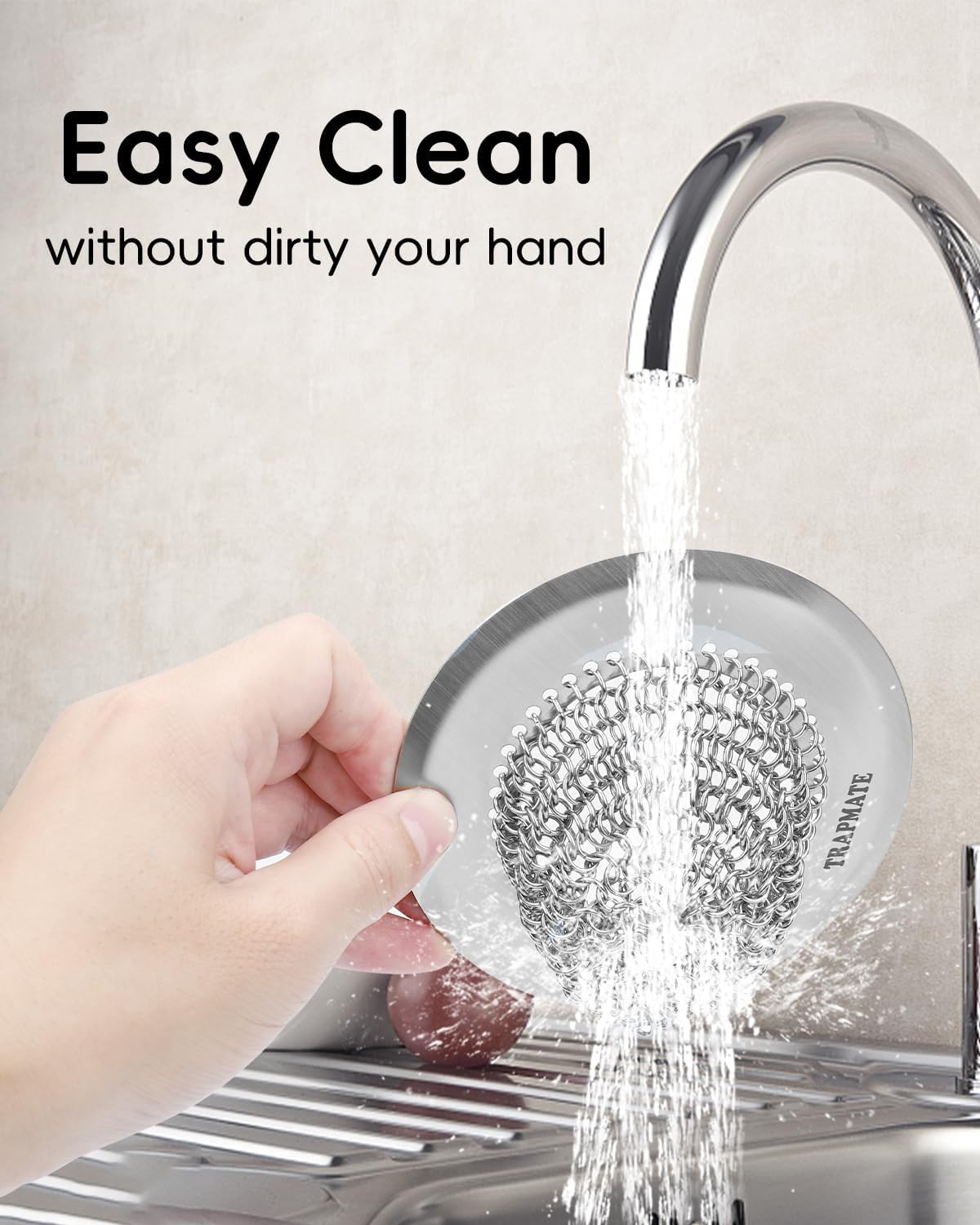 TRAPMATE Kitchen Sink Drain Strainer, Reversible Chain Mesh Sink Strainer, 304 Stainless Steel Anti-Clogging & Easy Clean Sink Strainer Basket, Fits US Standard Kitchen Sink Drains, Dishwasher Safe