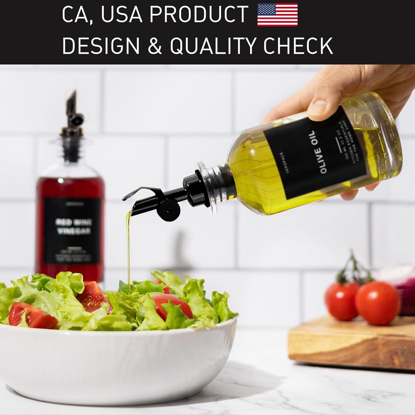 Verspace UV-Protected Green Glass Olive Oil Dispenser Bottles For Kitchen - 2 Pack - 12oz Includes 40 Kitchen Essential Labels, Avocado Oil Dispenser Set, Modern Decor for Home, Airbnb, Cafe