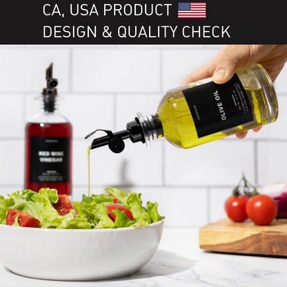 Verspace UV-Protected Green Glass Olive Oil Dispenser Bottles For Kitchen - 2 Pack - 12oz Includes 40 Kitchen Essential Labels, Avocado Oil Dispenser Set, Modern Decor for Home, Airbnb, Cafe