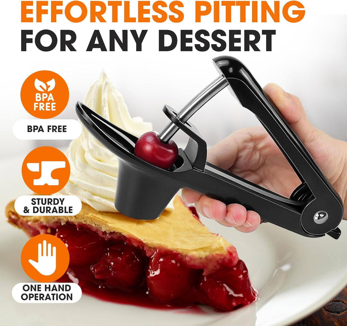Cheer Collection Stainless Steel Cherry and Olive Pitter – Small Cherry Pitter Tool for Easy Seed Removal, Pit Remover & Olive Press, Ergonomic One-Hand Design for Quick and Mess-Free Pitting,Black