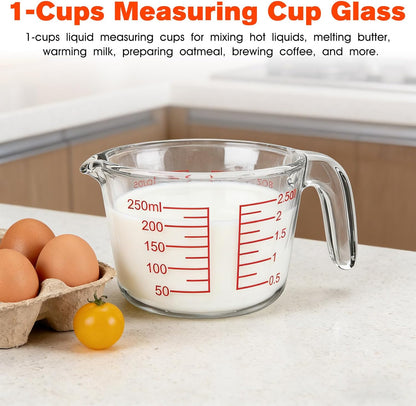 1 Cup Glass Measuring Cups,Clear Borosilicate Glass Liquid Measuring Cup for Kitchen & Baking Microwave Oven Dishwasher Safe Measuring Cups,8 oz/250ml Glass Measuring Cup