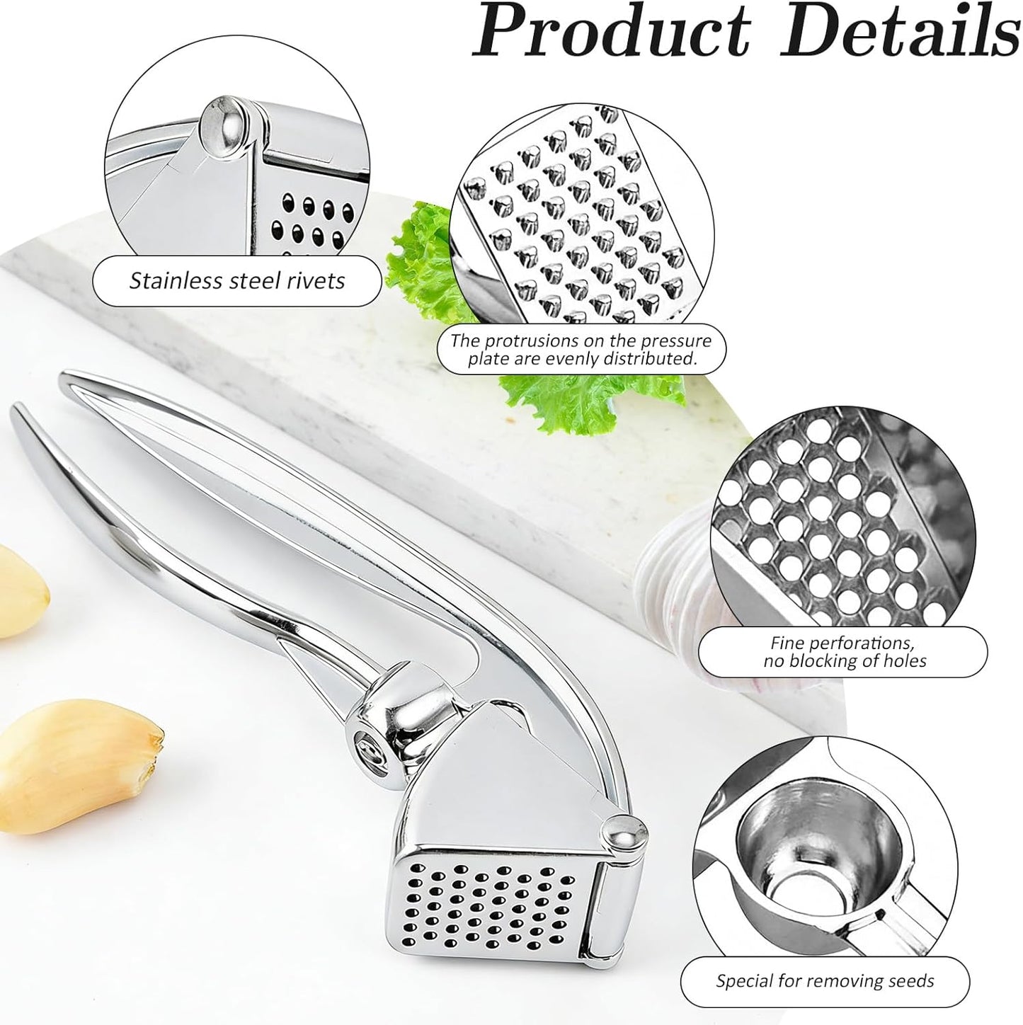 Premium Zinc Alloy Garlic Press, Heavy Duty Rust-Proof Garlic Crusher Mincer with Ergonomic Handle, Dishwasher Safe Easy Squeeze & Clean Kitchen Tool - Silver