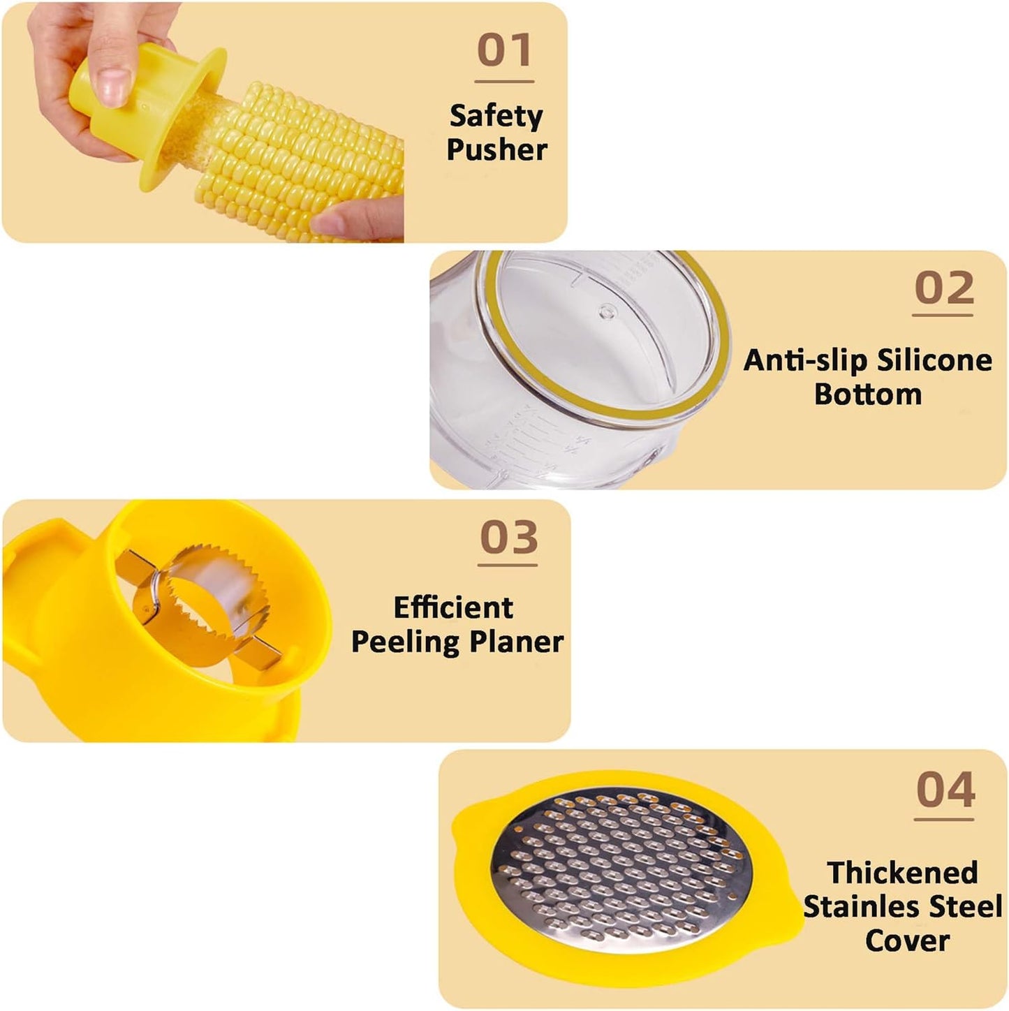 Corn Stripper, Corn Peeler with Measuring Container, 2-in-1 Kernel Cutter and Grater for Garlic Ginger, Yellow